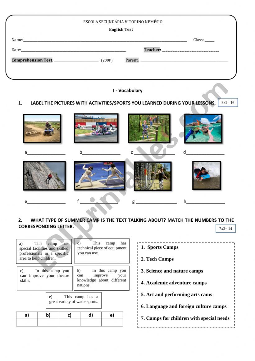 Summer Camp Test worksheet