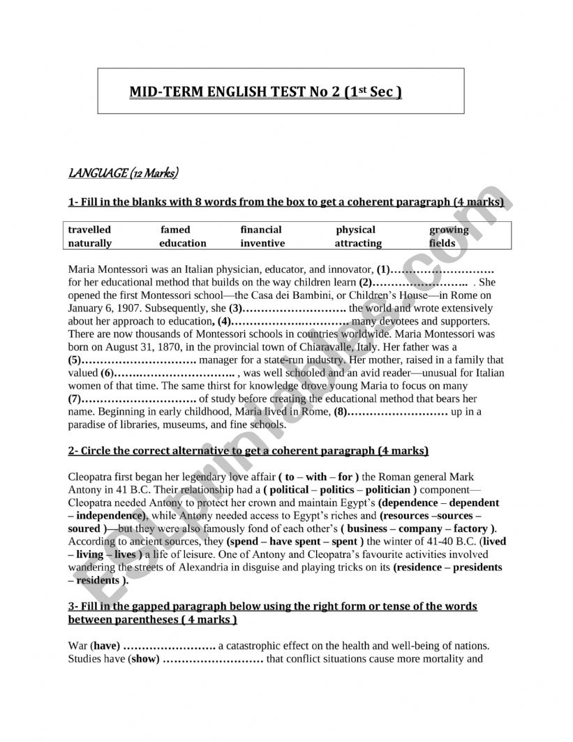 Mid-term test 2 First form secondary