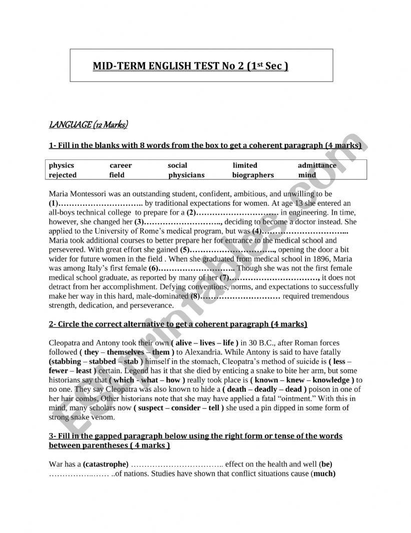 Mid-term Test 2 First Form Secondary