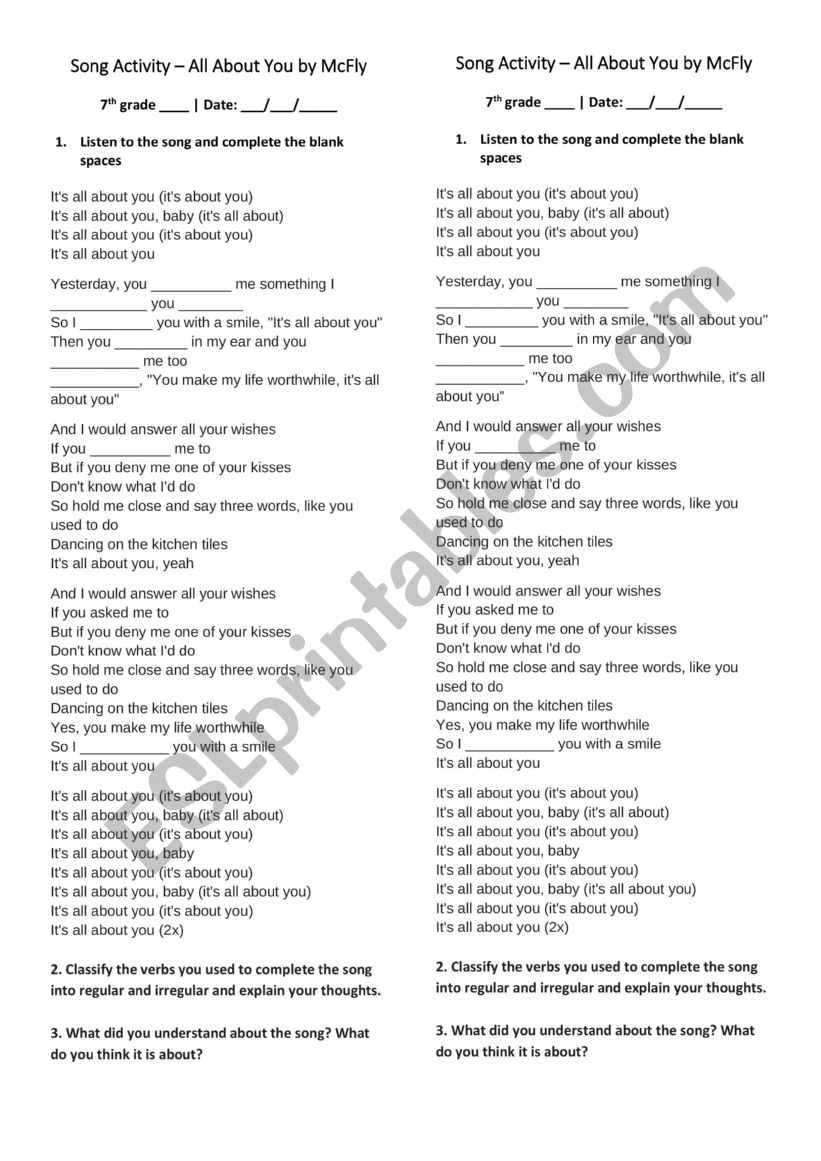 Simple Past - Blank Filling Activity (McFly - All About You)