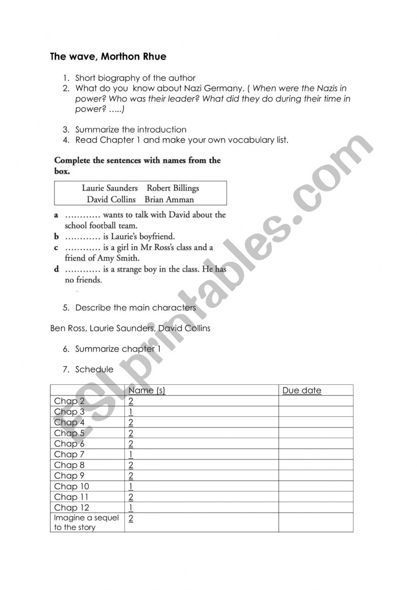 The Wave easy version worksheet
