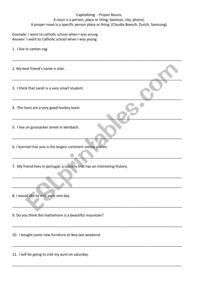 Worksheet for capitalizing Proper Nouns