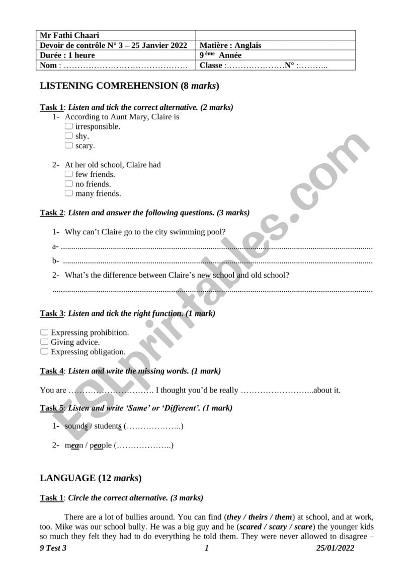 9 Test 3 2021-2022 worksheet