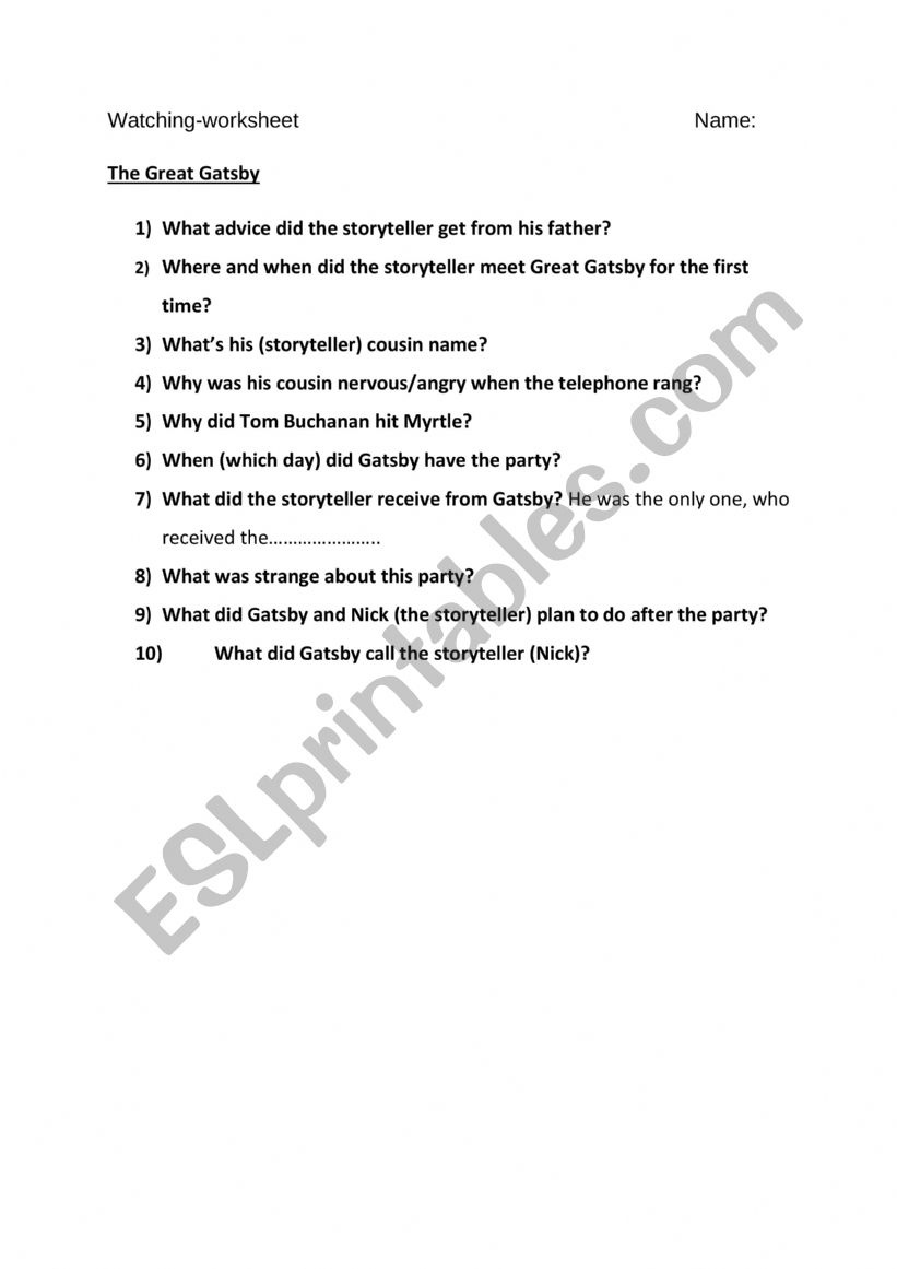 The Great Gatsby worksheet