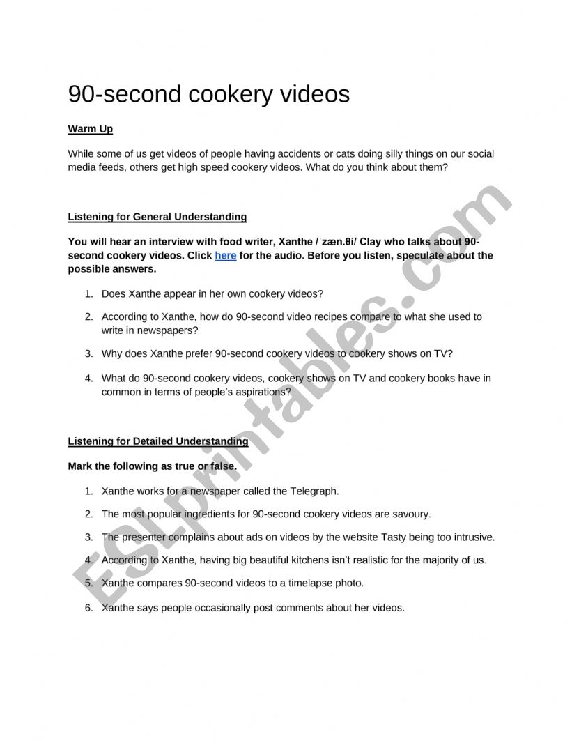 90-second cookery videos worksheet