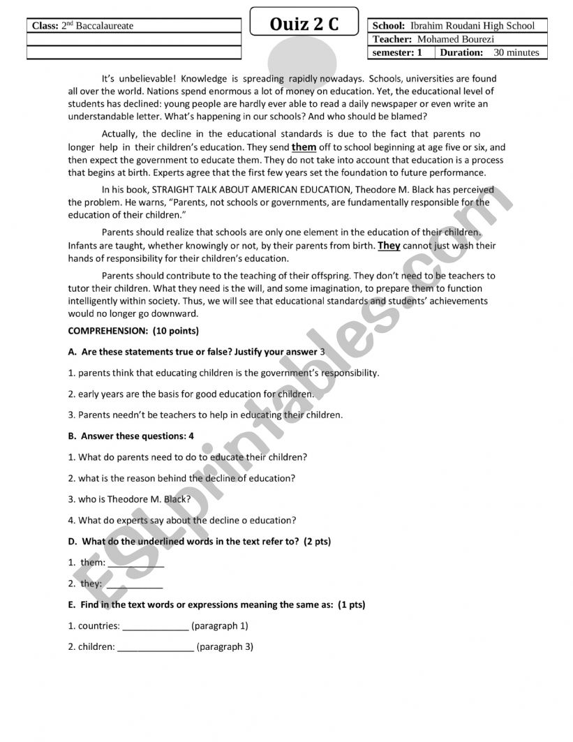 children�s education worksheet