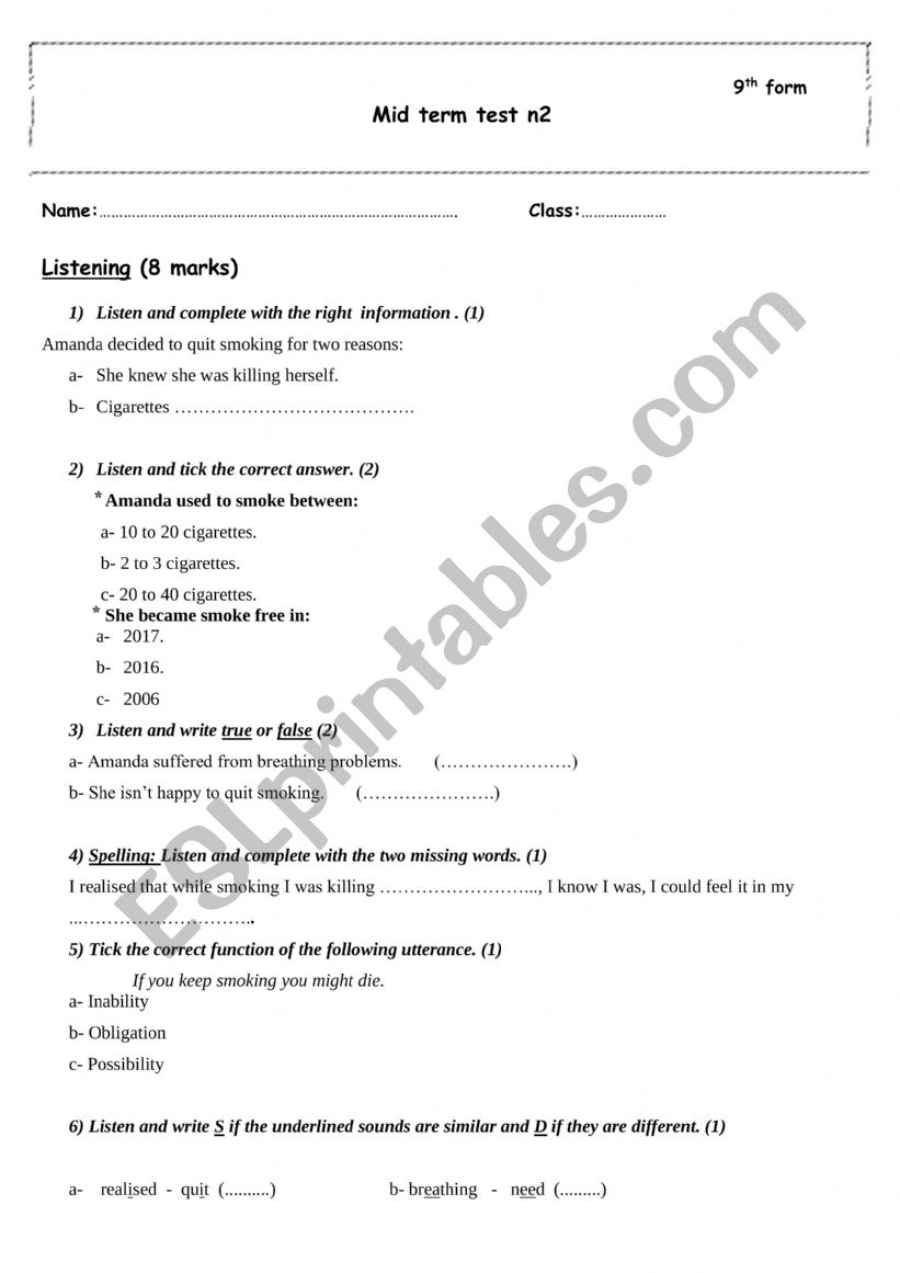 Mid term test n2- 9th grade worksheet