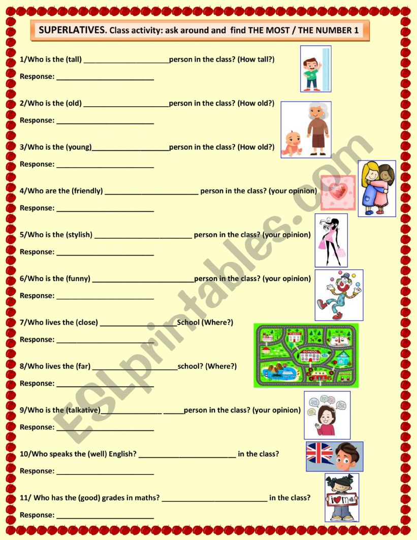 Superlative class worsksheet FUN + wordsearch. 3 pages.