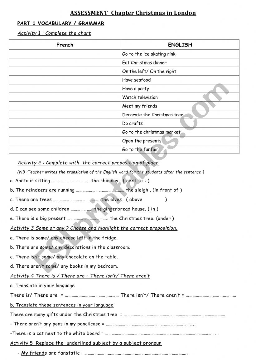 Assessment Christmas There is there are +prepositions+vocabulary