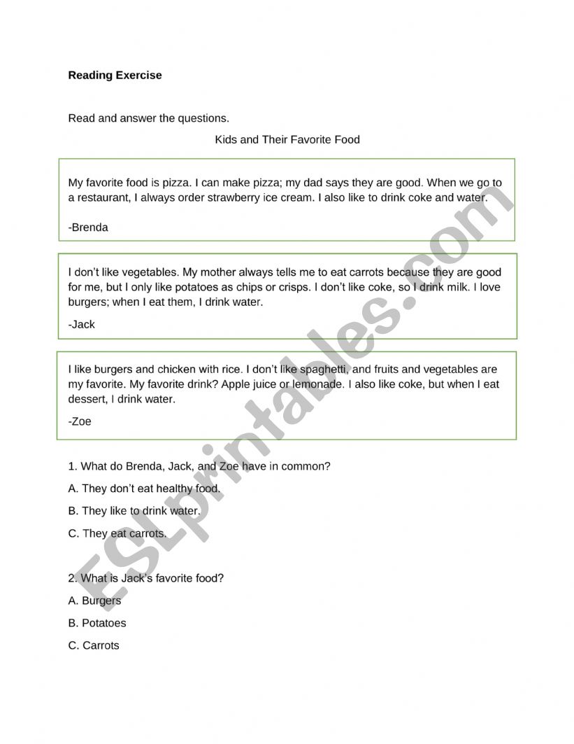 Reading Exercise worksheet