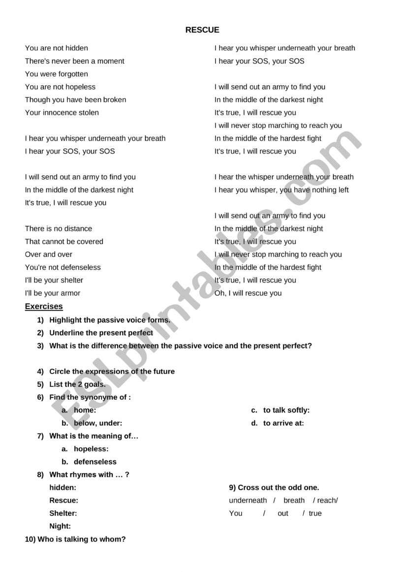 worksheet in the song 