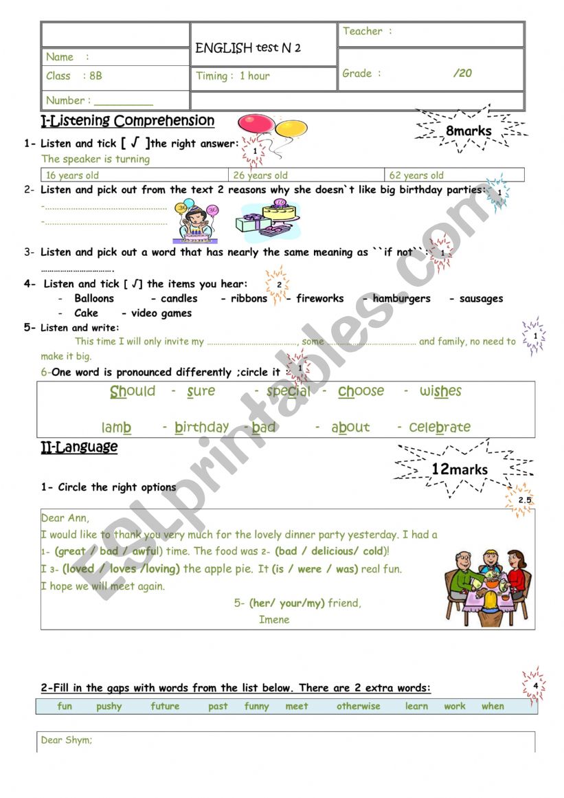 mid-term test 2 for 8th form worksheet