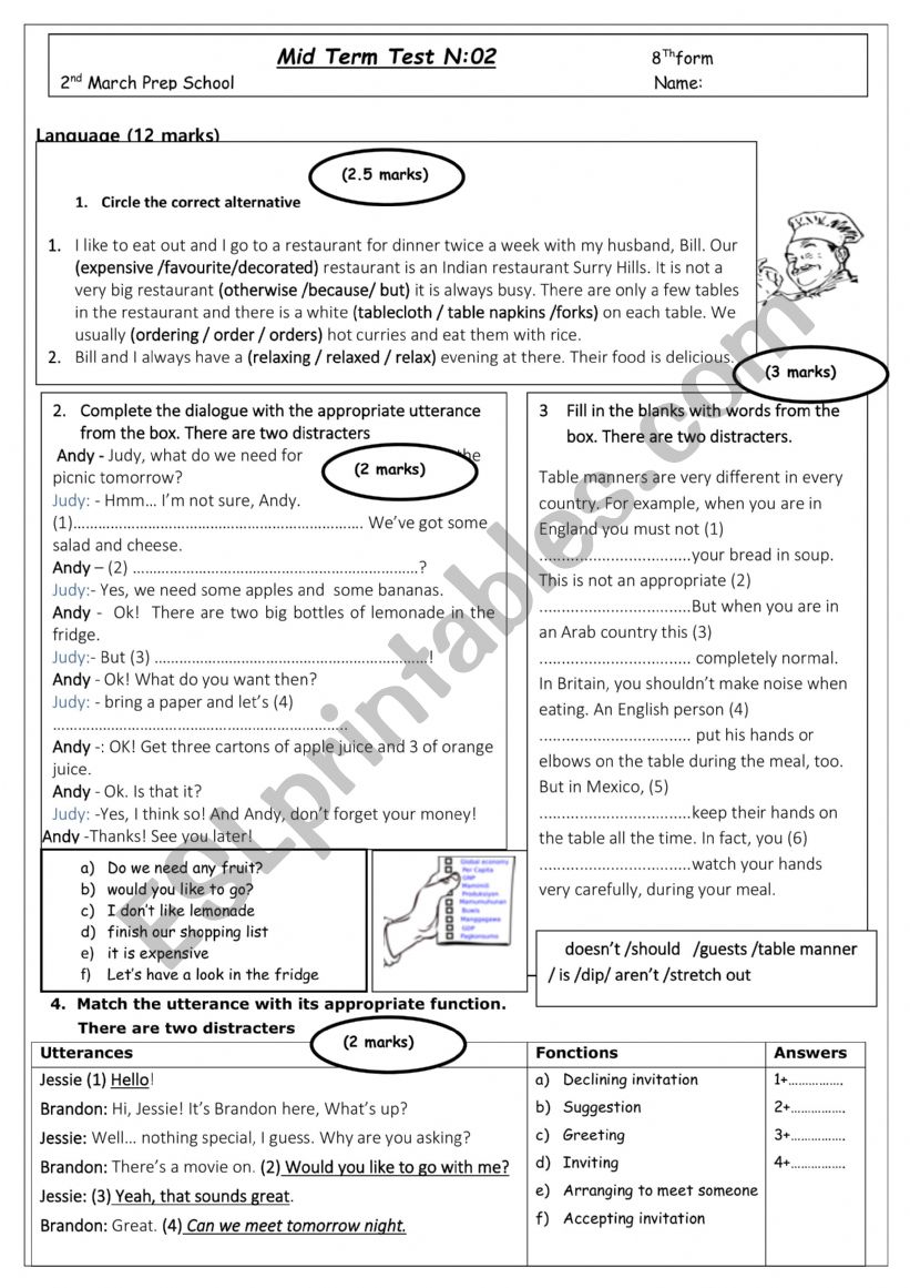 8th form mid-term test 2 worksheet