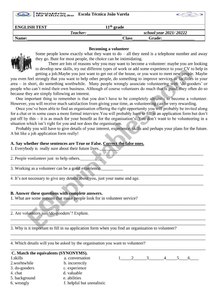 BECOMING A VOLUNTEER- adapted worksheet