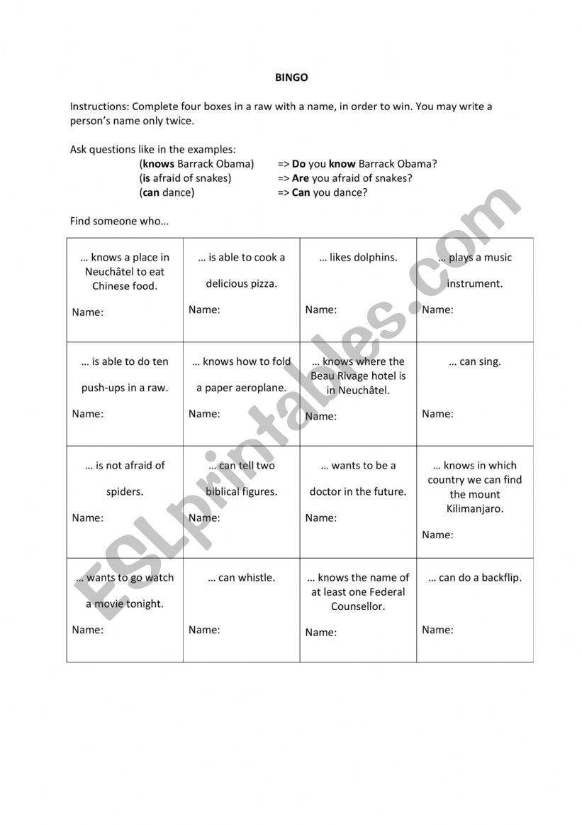 Mini Bingo worksheet