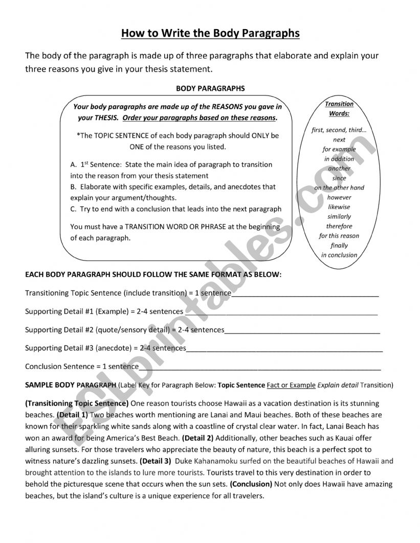 How to write body paragraphs worksheet