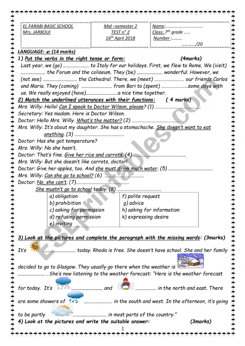 mid semster test  n°2 7th form ( tunisian school) 