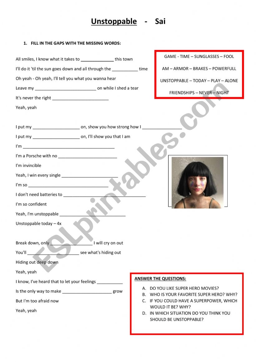 UNSTOPPABLE - SIA worksheet