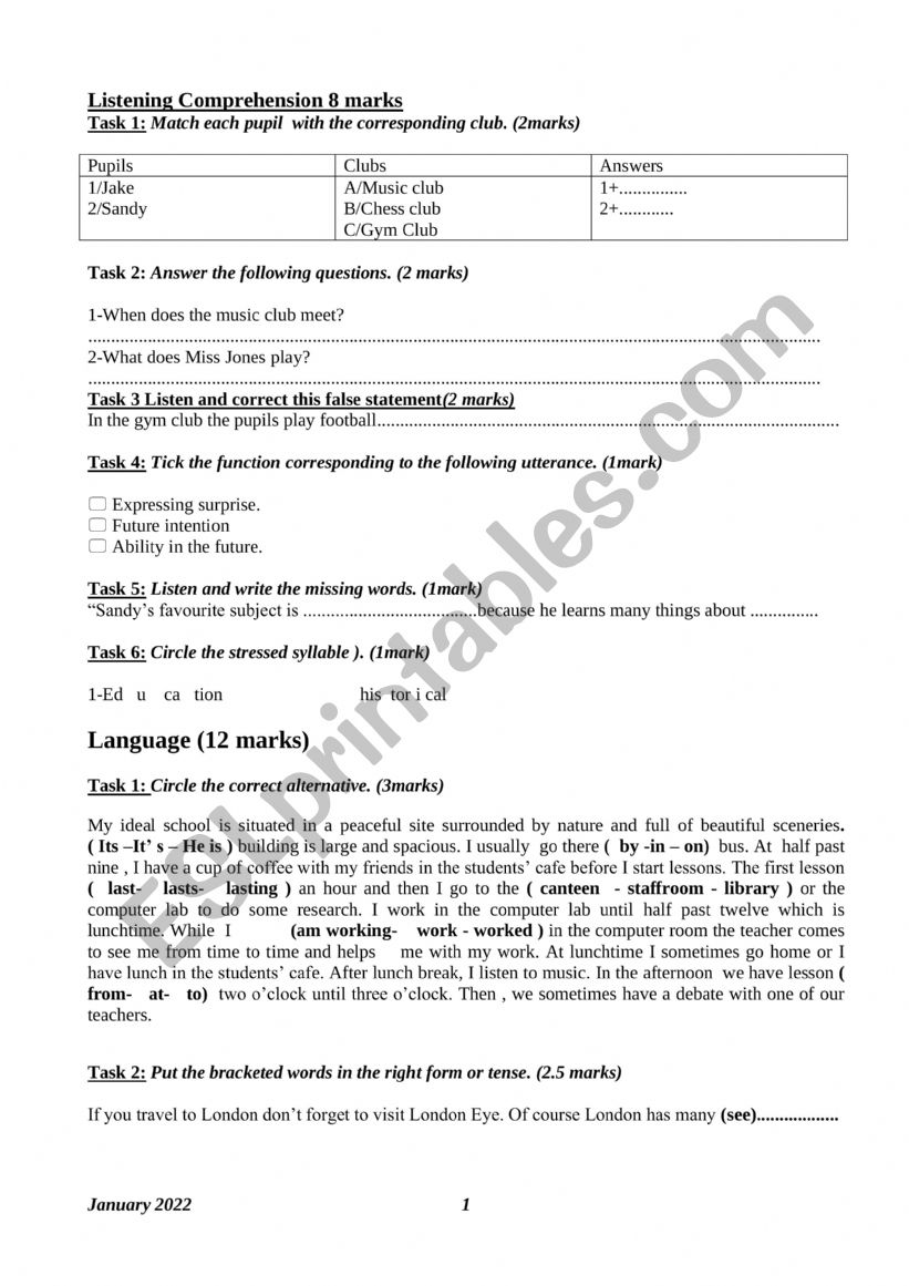 8th Mid term test 2  2022 worksheet
