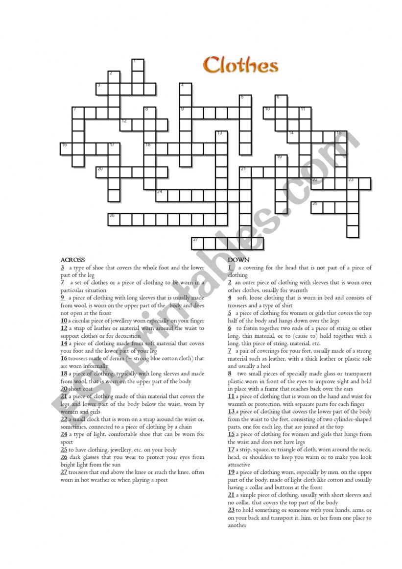 English vocabulary in use, Elementary; lesson 4 -  Clothes. Crossword with key.