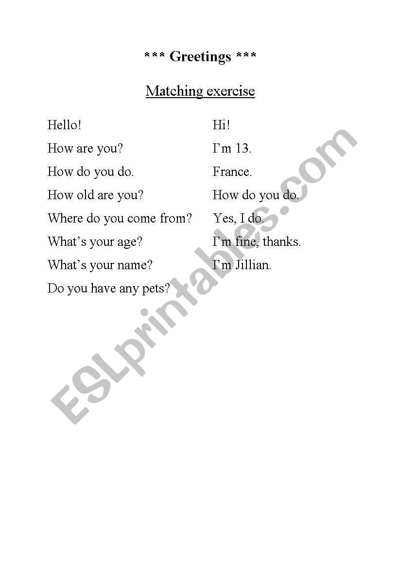Matching exercise on greetings formulas