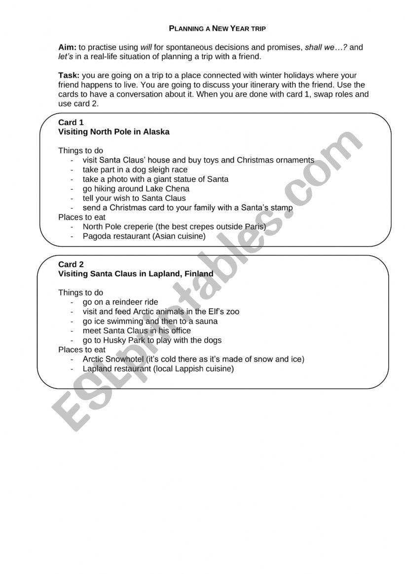 Planning a trip (winter) worksheet