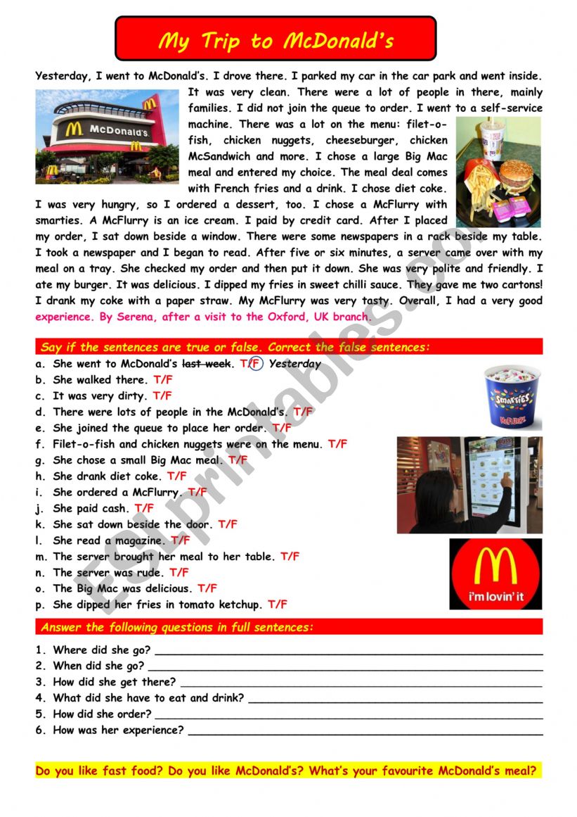 RC: My trip to McDonald�s worksheet