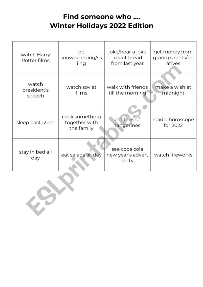 Find someone who Bingo worksheet