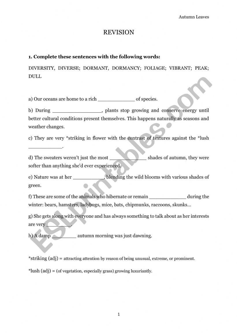Autumn Vocabulary Revision worksheet