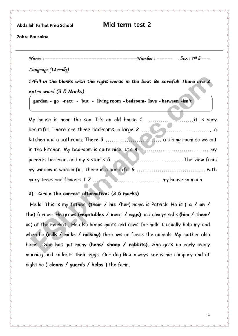 Mid-term test 2 worksheet