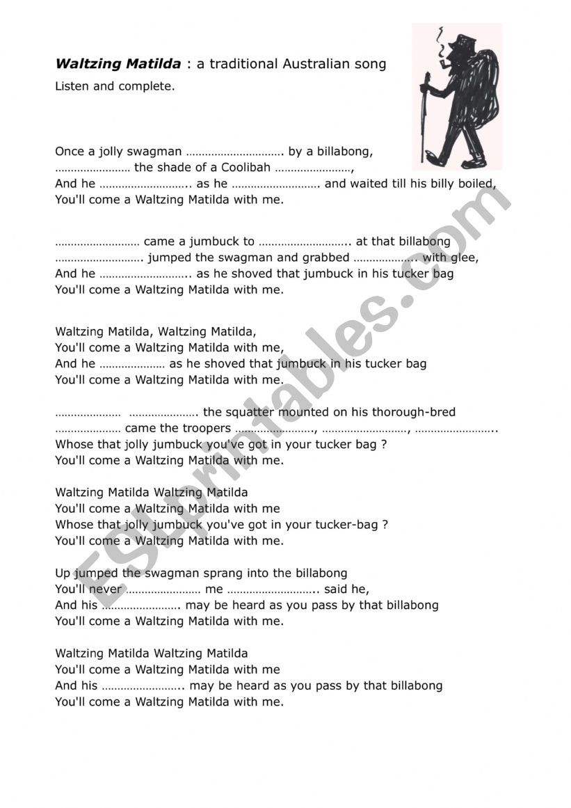 Waltzing Matilda, an Australian song (listen and complete)