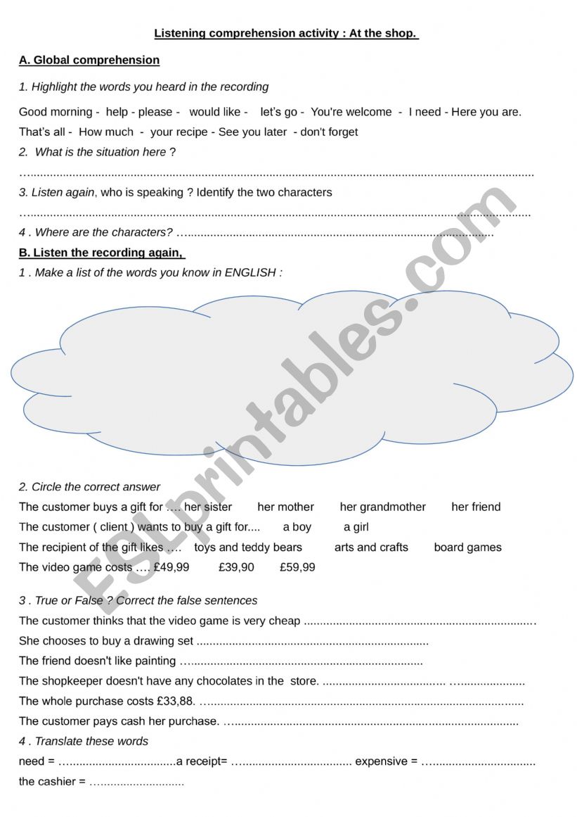 BUYING A GIFT AT THE SHOP worksheet