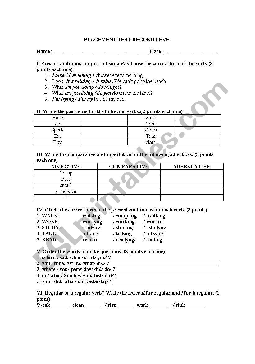 Placement test second level worksheet