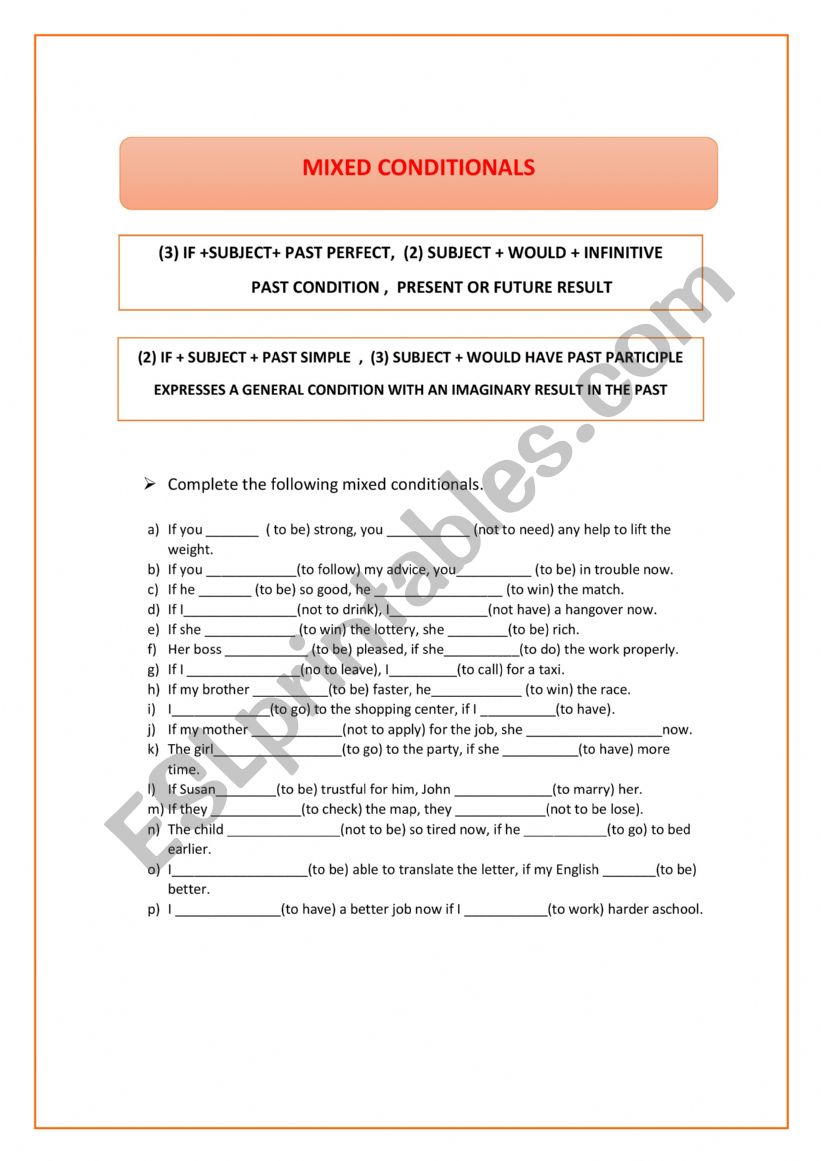 MIXED CONDITIONAL SENTENCES worksheet