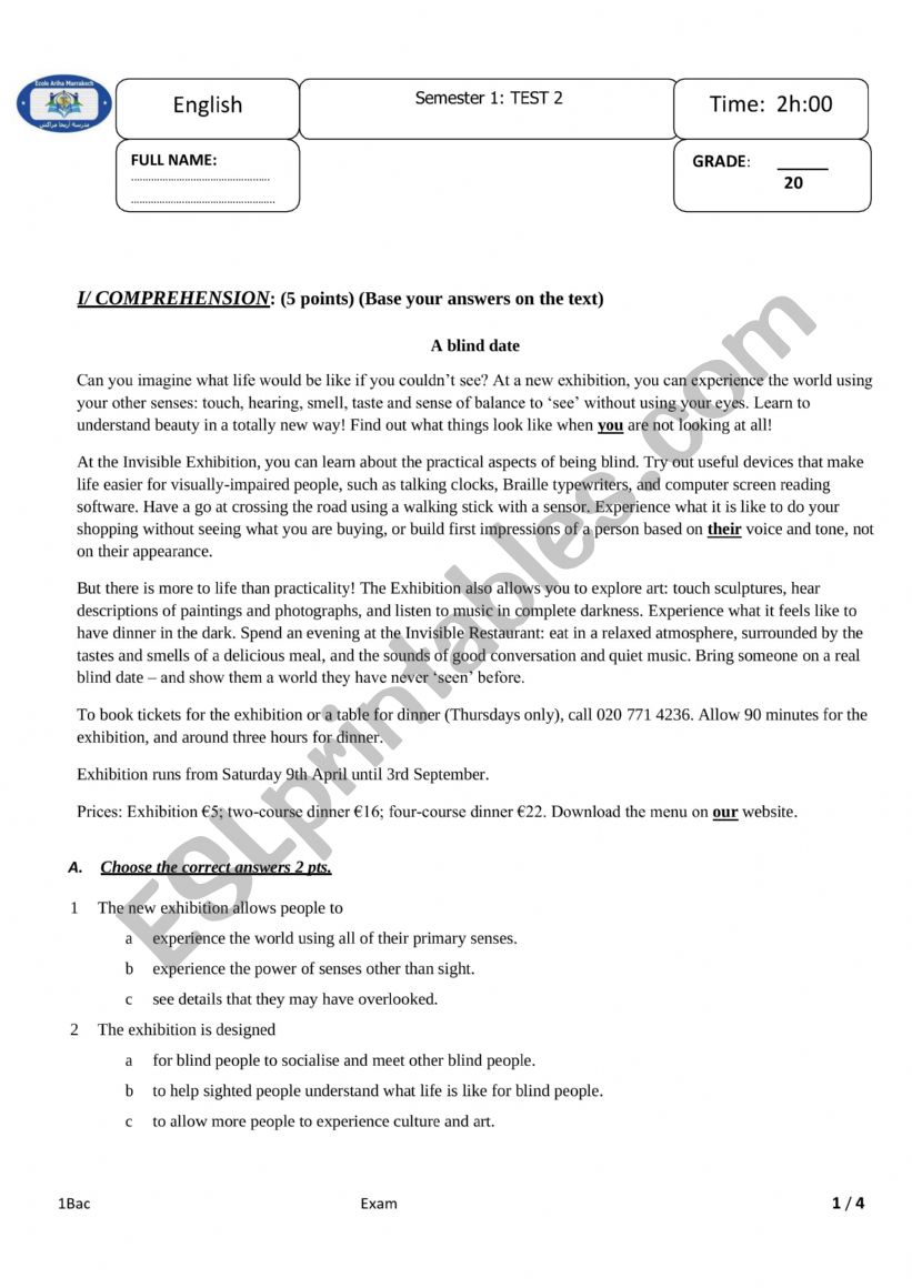 Solutions unit 1 and 2 test for low level students