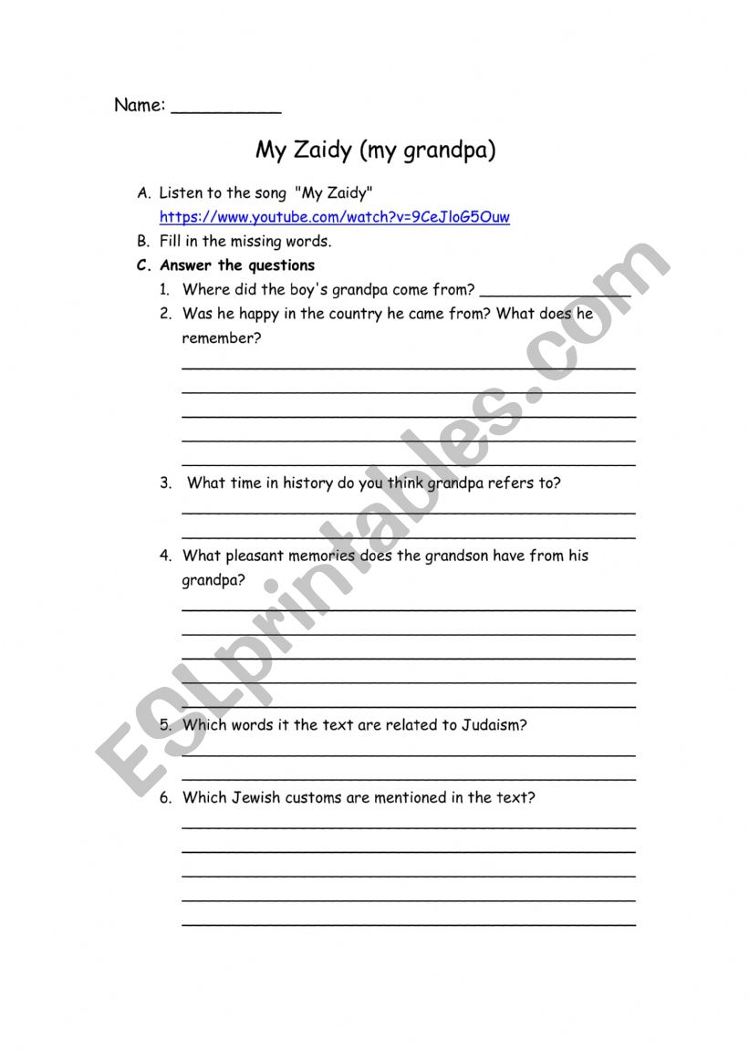 my zeide (my grandpaa) worksheet