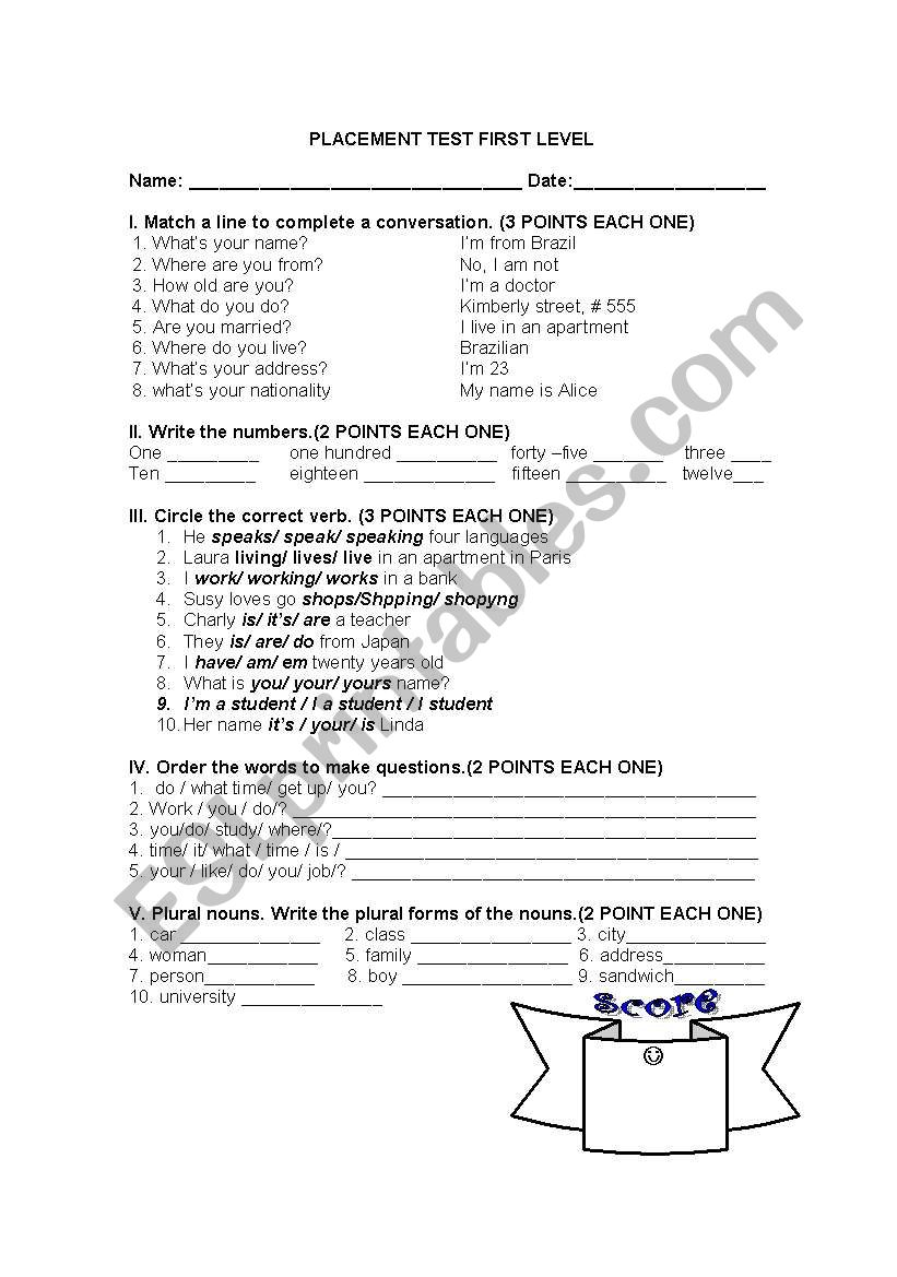 Placement test for first level