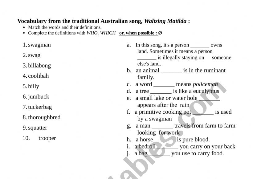 Waltzing Matilda - vocabulary exercise with relative pronouns