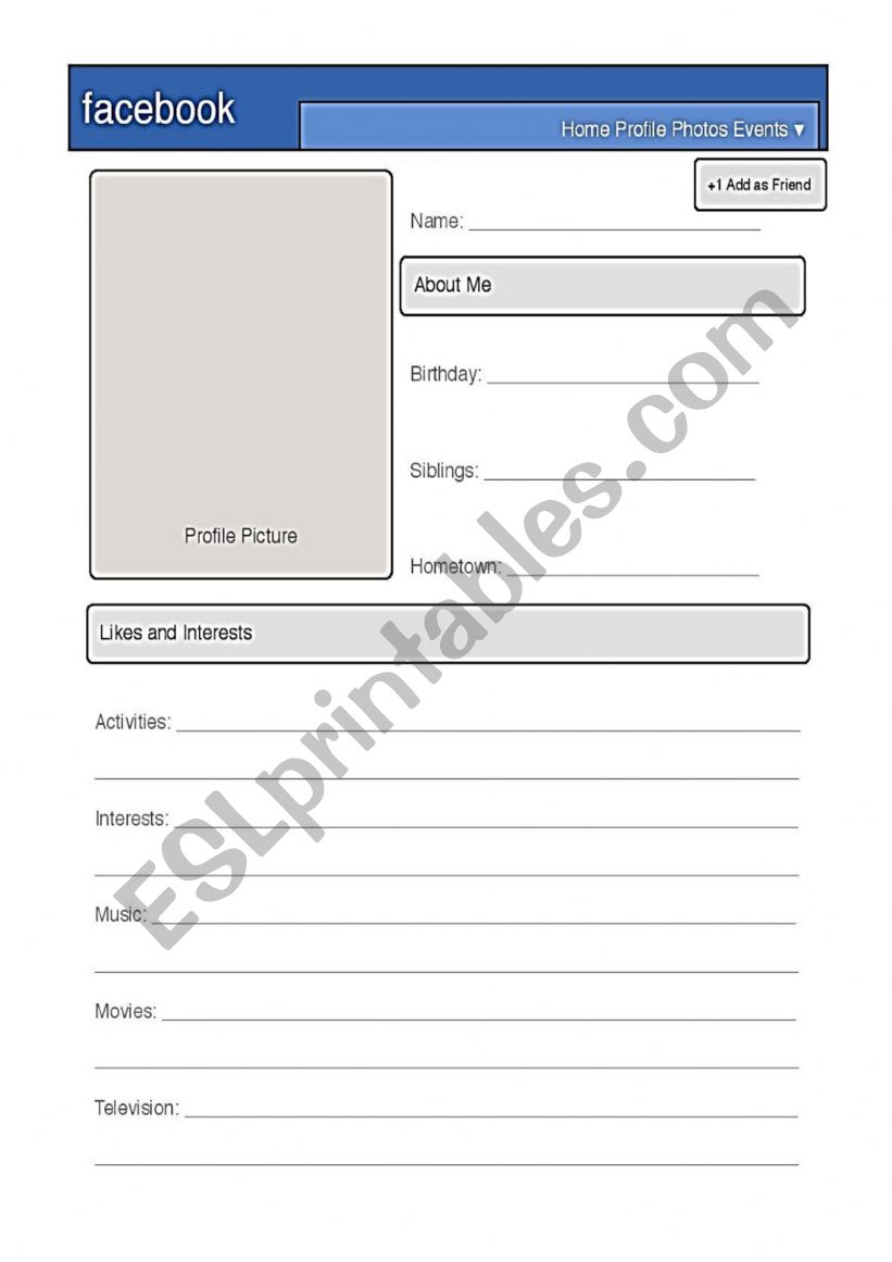 Social Media Profile worksheet