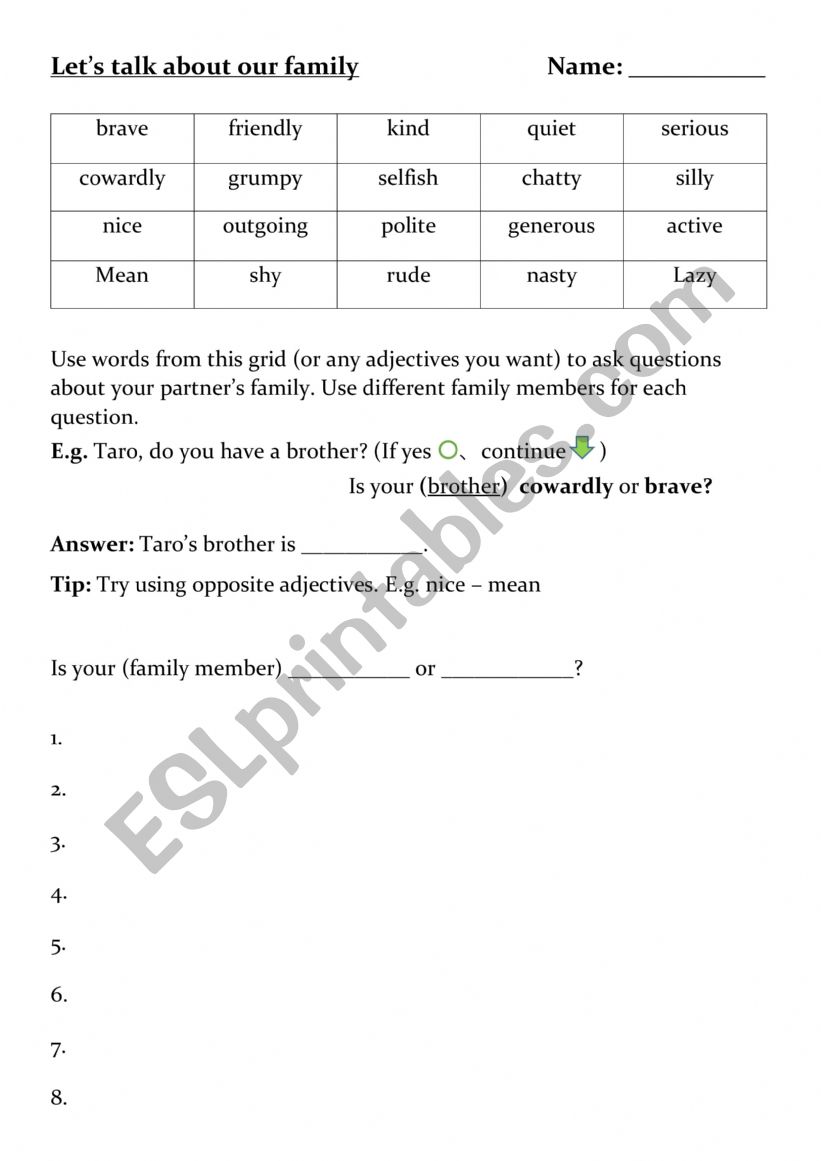 Describing family members worksheet