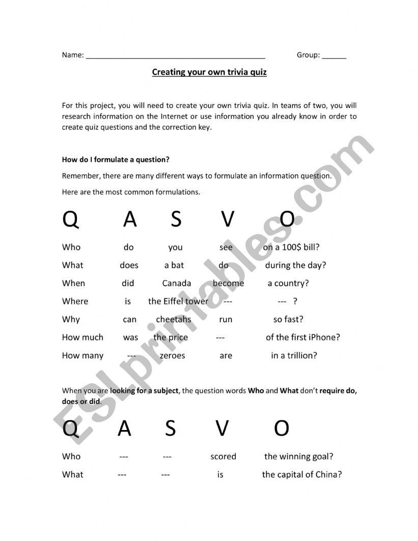 Trivia worksheet