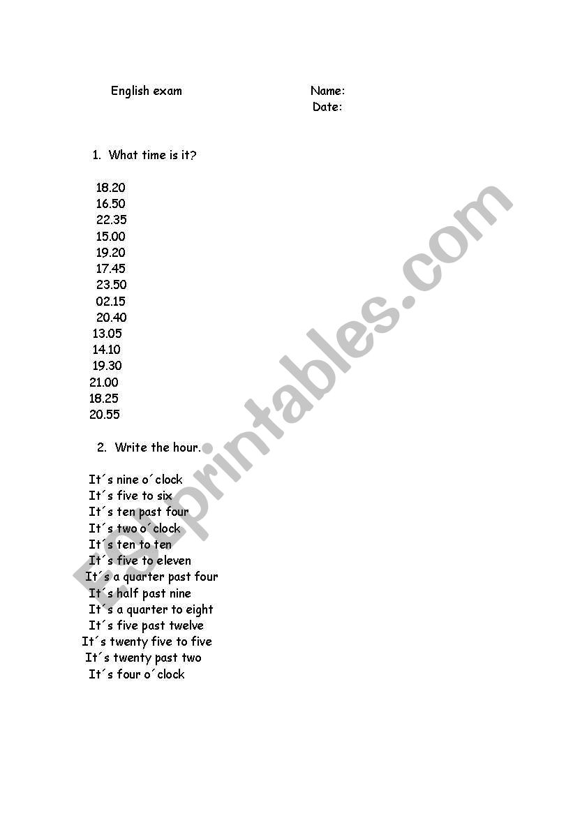 english exam the time worksheet