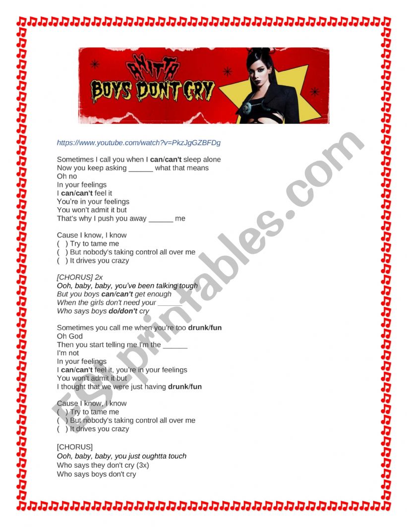 Song - Boys dont cry worksheet