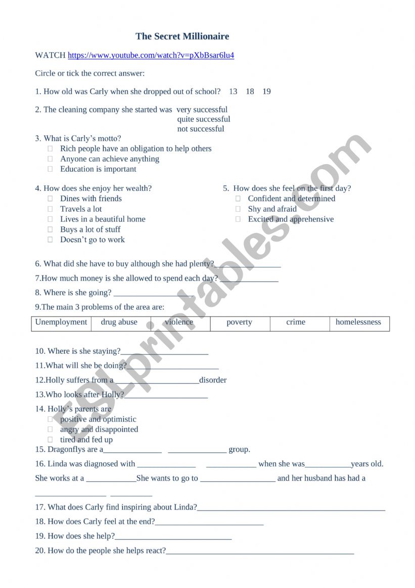 THE SECRET MILLIONAIRE worksheet