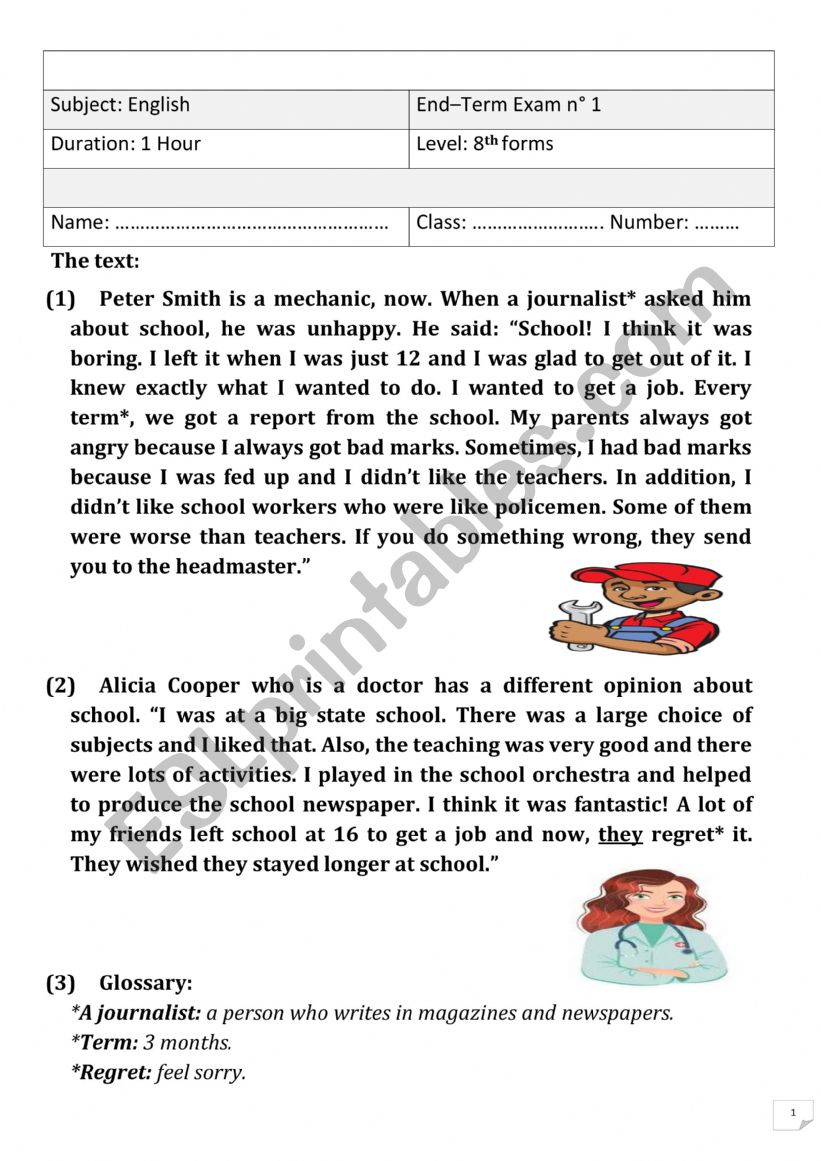 1st end term test worksheet