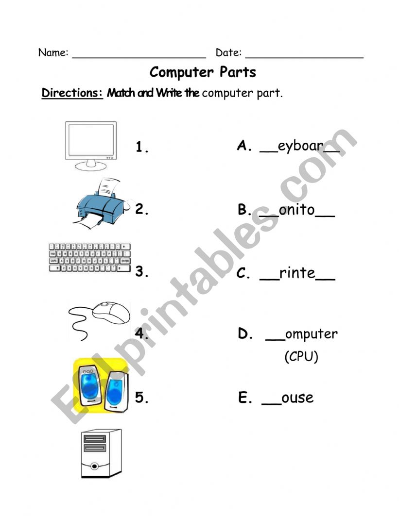 Computer Parts worksheet