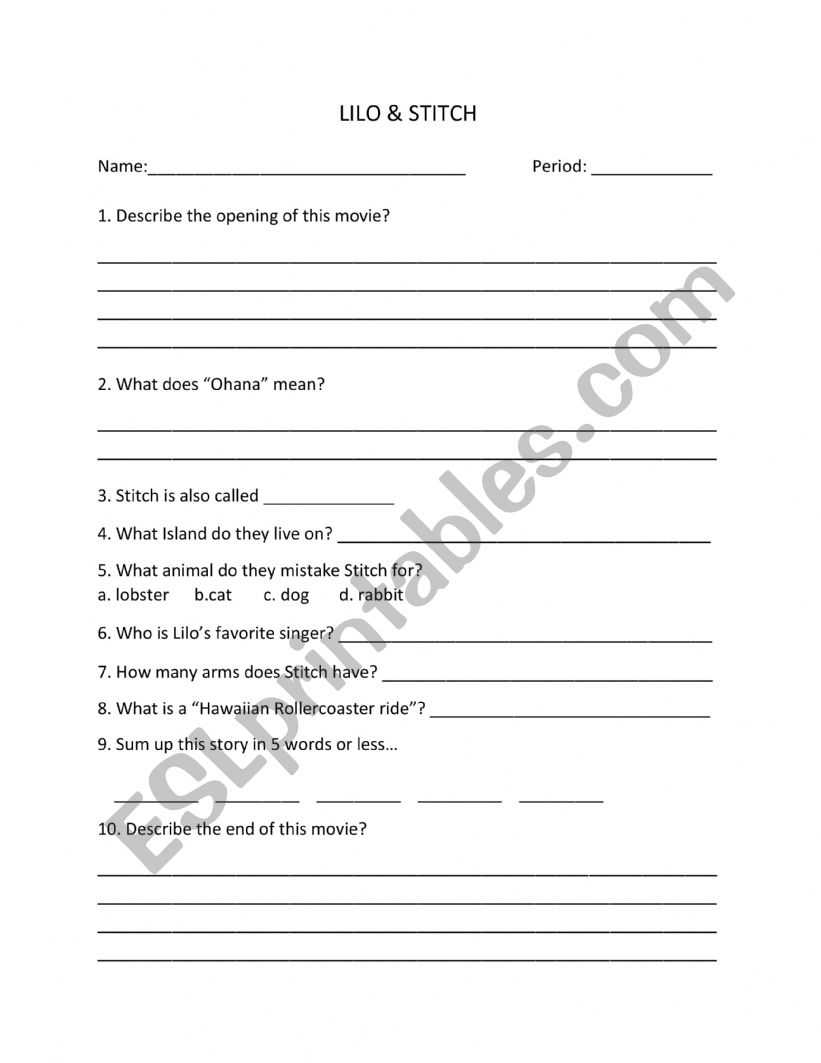 Lilo & Stitch Movie Review worksheet