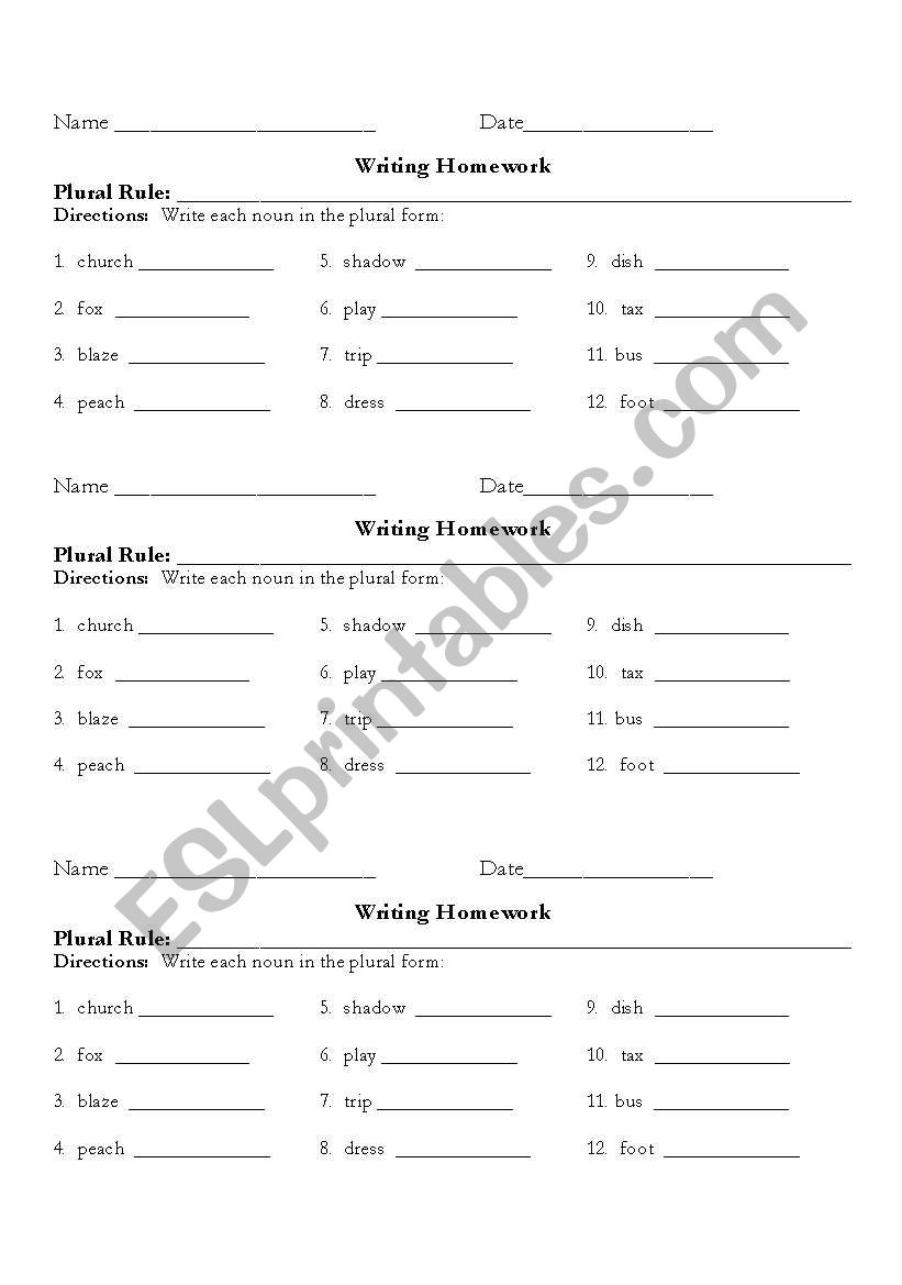 Plural noun practice homework worksheet