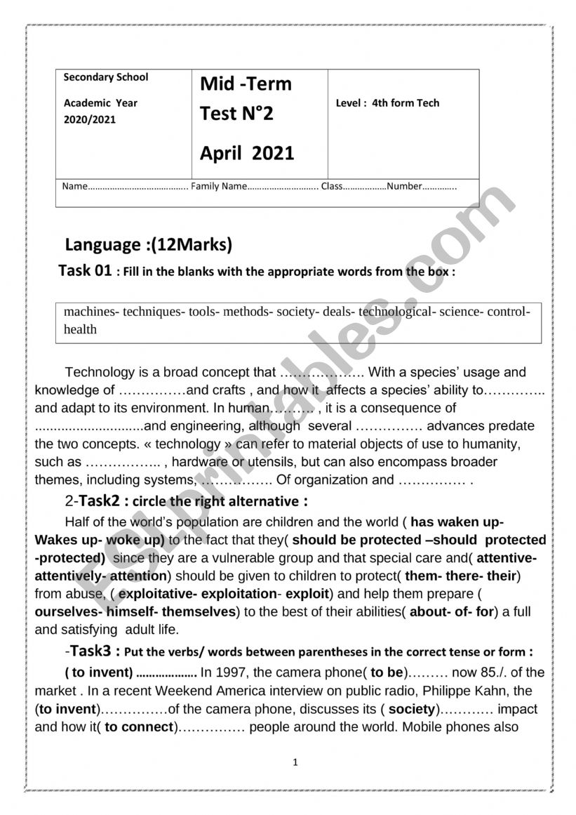 April  Mid-Term Test 2 . worksheet