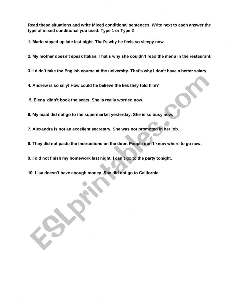 Mixed Conditionals-Type 1 & 2 worksheet